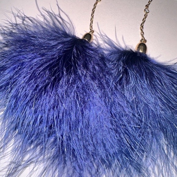 ETTIKA 18K Gold Plated Chain Pom Duster Earrings Drop Feather Dark Blue - Picture 3 of 3